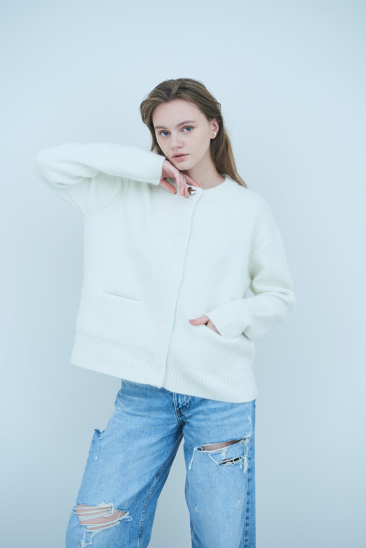 Bicolor raccoon knit coatigan